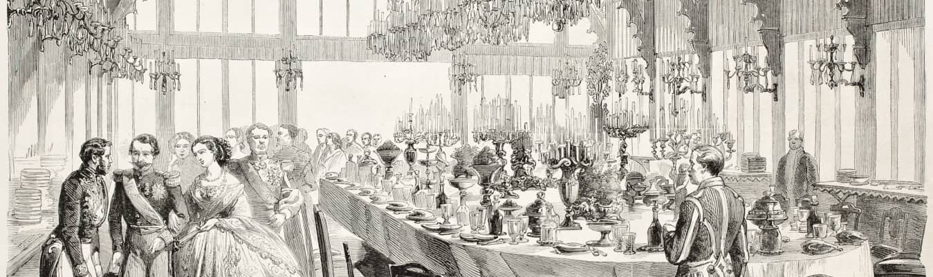 Repas gastronomique à l'époque de l'Empire Illustration en noir et blanc d'un repas sous l'Empire