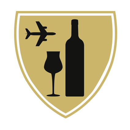Blason représentant le groupe Tourisme et oenotourisme avec illustrations d'un avion et d'un verre de vin avec bouteille